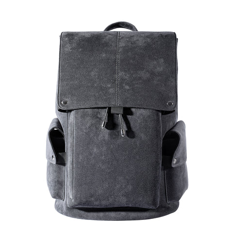 Premium Handcrafted Alcantara Backpack, Vintage Flap Drawstring Style, Sleek Gray Tone, Fits 15.6 Inch Laptop for Business & Daily Use