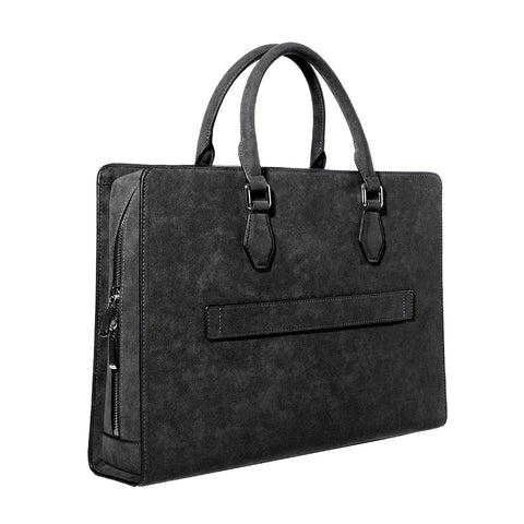 Handcrafted Alcantara 16 Inch Slim Laptop Briefcase | Luxury Suede Business Travel Document Bag with Luggage Strap, Protective Office Handbag, Black