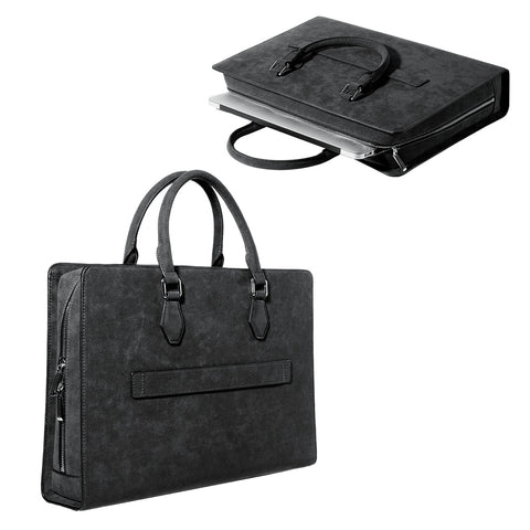 Handcrafted Alcantara 16 Inch Slim Laptop Briefcase | Luxury Suede Business Travel Document Bag with Luggage Strap, Protective Office Handbag, Black