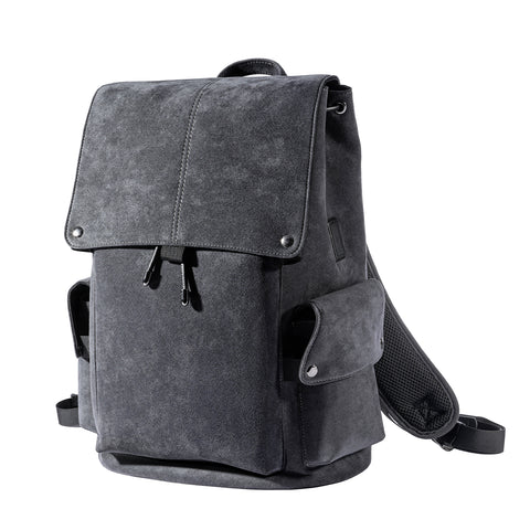 Premium Handcrafted Alcantara Backpack, Vintage Flap Drawstring Style, Sleek Gray Tone, Fits 15.6 Inch Laptop for Business & Daily Use