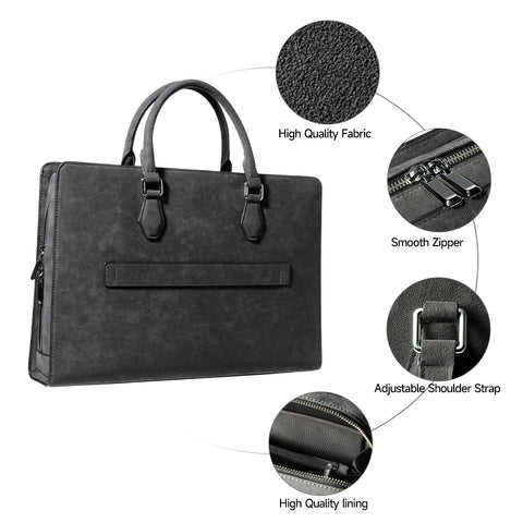 Handcrafted Alcantara 16 Inch Slim Laptop Briefcase | Luxury Suede Business Travel Document Bag with Luggage Strap, Protective Office Handbag, Black