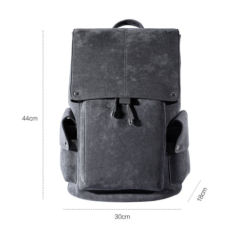 Premium Handcrafted Alcantara Backpack, Vintage Flap Drawstring Style, Sleek Gray Tone, Fits 15.6 Inch Laptop for Business & Daily Use